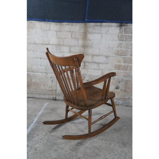 Brown Antique Windsor Farmhouse Style Maple Slat Back Rocking Chair & Cushion Rocker For Sale - Image 8 of 13