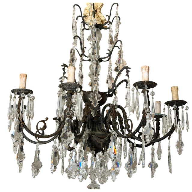 French French Crystal & Patinated Bronze 8 Light Chandelier For Sale - Image 3 of 4