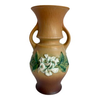 1940's Roseville Pottery Gardenia Floral Double Handled Vase For Sale
