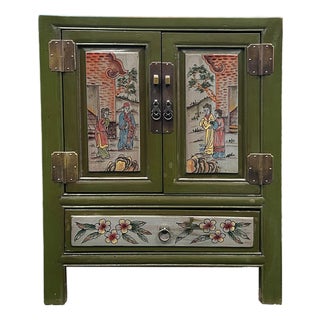 Olive Green Oriental People Graphic End Table Nightstand For Sale