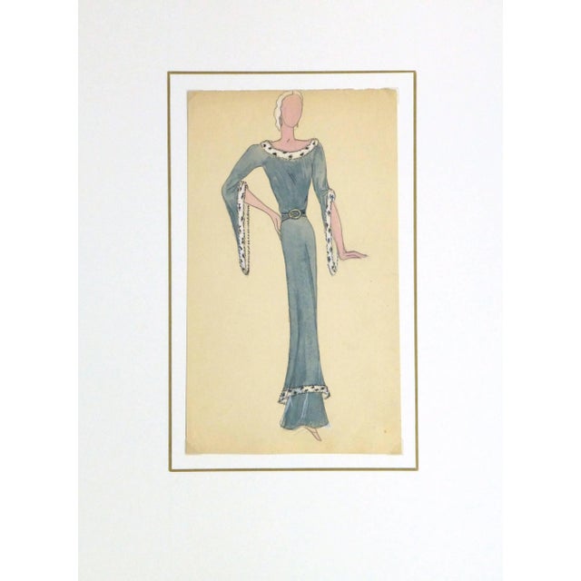 French Fashion Sketch - Fur Trimmed Evening Dress For Sale - Image 4 of 5