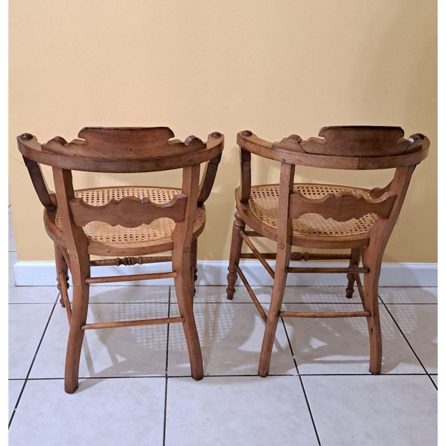 Victorian Antique 1800s Wood Chairs Pair Carved Back Recaned Seats Refinished For Sale - Image 3 of 13