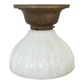 Vintage 1920s Milk Glass & Brass Flush Mount Light For Sale