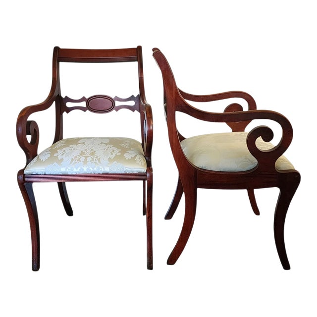 Antique Pair of Scroll Elbow Chairs in the Style of Duncan Phyfe Mahogany Damask Set of 2 For Sale