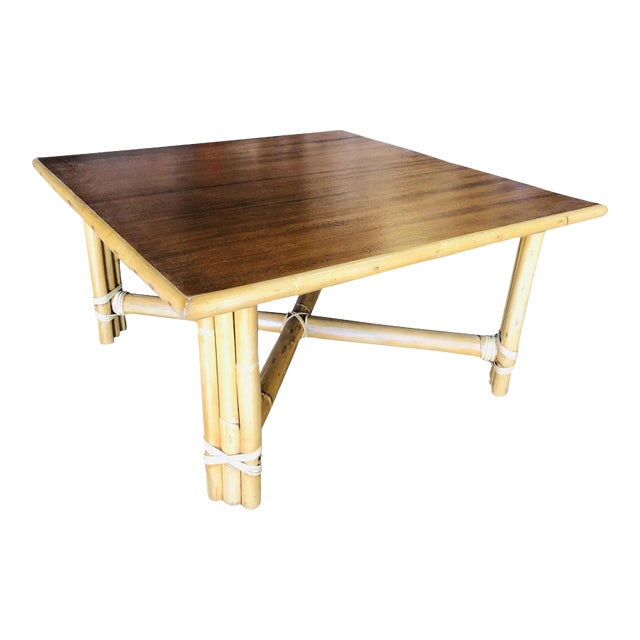 1950s Restored "X" Base Rattan Coffee Table with Mahogany Top For Sale