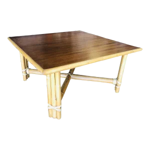 1950s Restored "X" Base Rattan Coffee Table with Mahogany Top