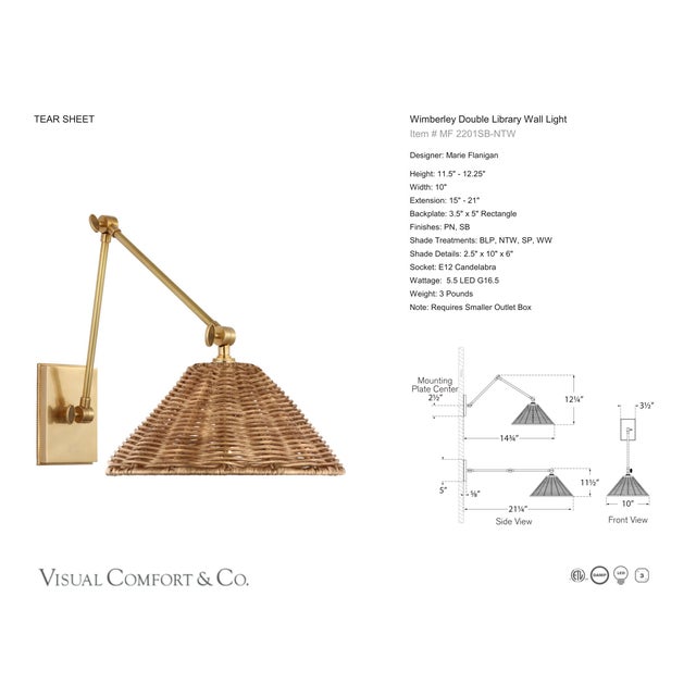 Traditional Marie Flanigan for Visual Comfort Signature Wimberley Double Library Wall Light in Soft Brass with Natural Wicker Shade For Sale - Image 3 of 5