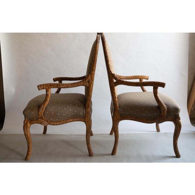French Early 20th Century Pair Walnut French Louis XV Style Faux Bois Chairs For Sale - Image 3 of 13