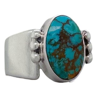 Navajo Delvin John Sterling Silver & Turquoise Cabochon Signet Style Ring For Sale