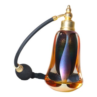 1990s Signed Hand Blown Studio Iridescent Art Glass Brass Perfume Bottle Atomizer Jar For Sale