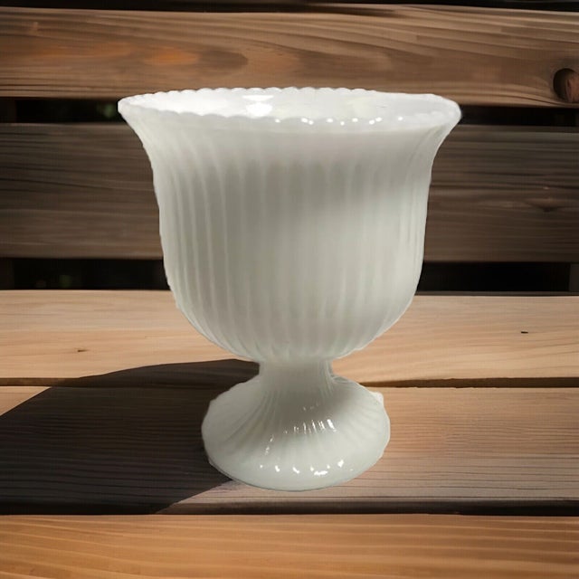 Vintage MCM e.o. Brody & Co. Milk Glass Ribbed Pedistal Planter For Sale - Image 4 of 4
