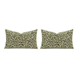 One Pair of Green Raised Velvet Down and Feather Lumbar Pillows 14 X 24 Solid Linen Back For Sale