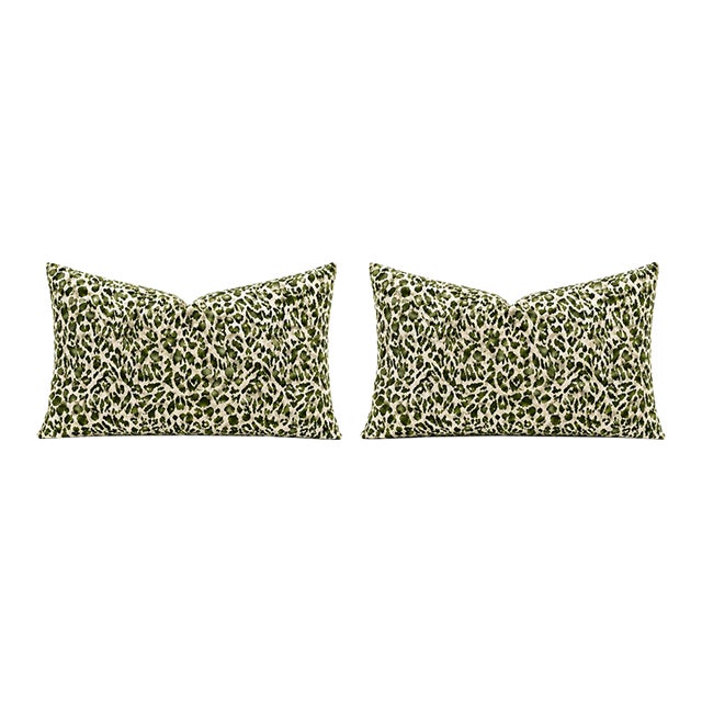 One Pair of Green Raised Velvet Down and Feather Lumbar Pillows 14 X 24 Solid Linen Back For Sale