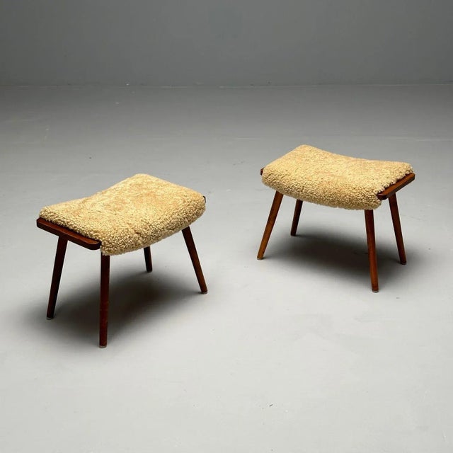 Swedish Mid-Century Modern, Stools, Honey Sheepskin, Walnut, Sweden, 1970s For Sale - Image 4 of 11