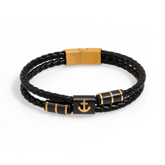 Gold Anchor Design Black Leather Men's Style Bracelet For Sale In Miami - Image 6 of 6