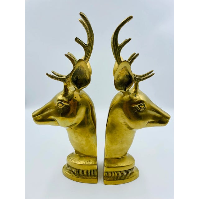 Mid 20th Century Hollywood Regency Style Brass Stag Bust Bookends - a Pair For Sale - Image 13 of 13