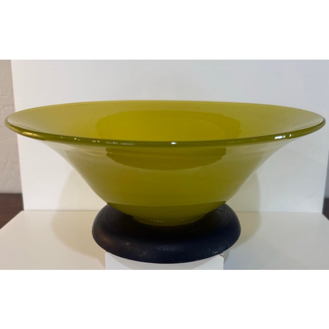 Vintage Mid-Century Mustard Yellow Art Glass Pedestal Bowl 12” Diameter For Sale - Image 4 of 10