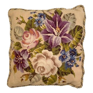 Vintage Floral Flower Needlepoint Decorative Accent Pillow with Velvet Back For Sale