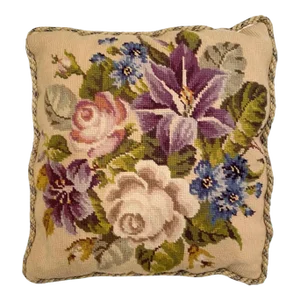 Vintage Floral Flower Needlepoint Decorative Accent Pillow with Velvet Back