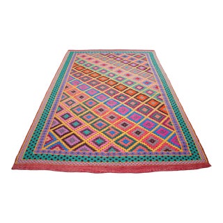 1980s Vintage Turkish Rug Hand Woven Braided Neon Color Area Rug Kilim - 6' X 9'1" For Sale