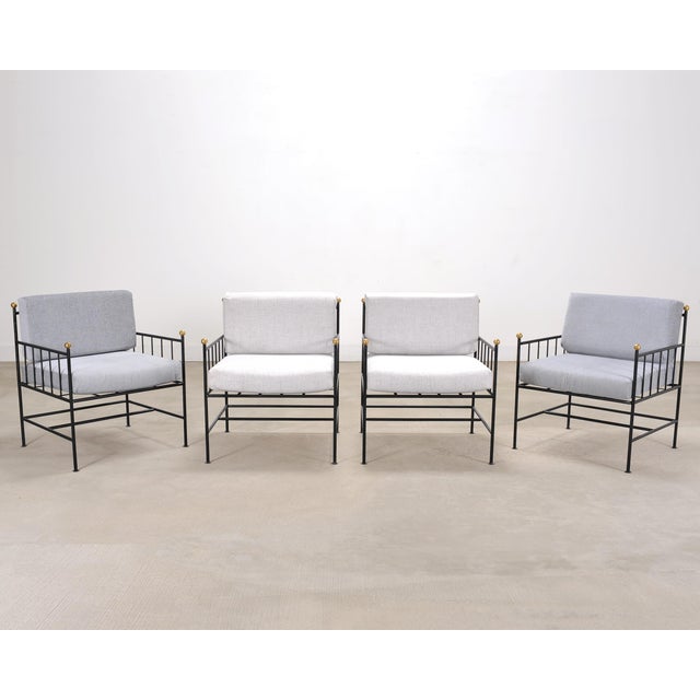 Mid-Century Modern Set of Four French Modernist Iron Brass Ball Finial Lounge Chairs For Sale - Image 3 of 18