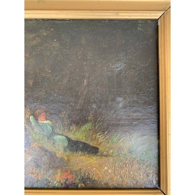Antique Hand Painted Framed Oil on Canvas Ladies in a Landscape Painting For Sale - Image 15 of 16