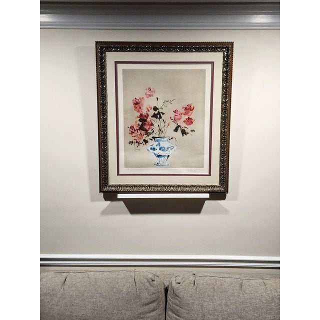 Original 1970s color aquatint etching titled "Floral Still Life" by celebrated Indian-French master printmaker Kaiko Moti...