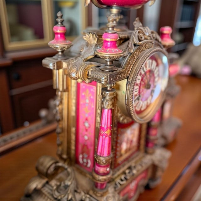 Rococo 1900s Rare French Pink Sevres-Style Gilt Bronze Porcelain Mantel Clock + Candelabra For Sale - Image 3 of 12