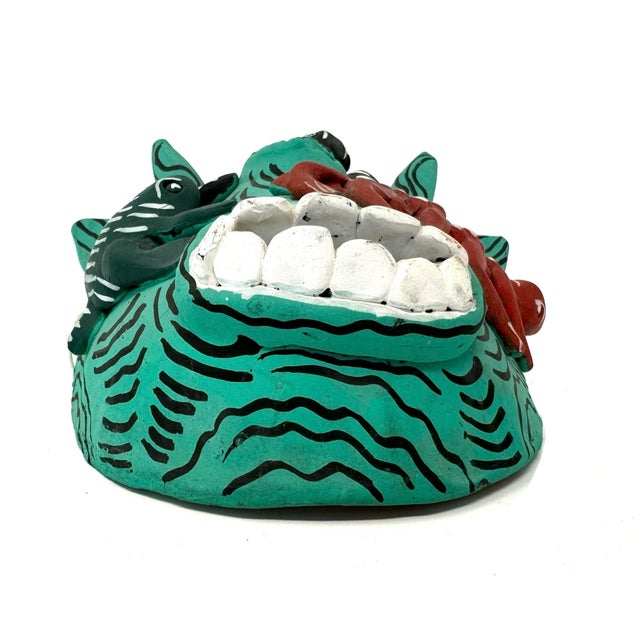 Ceramic Turquoise-Colored Clay Devil Mask From Ocumicho, Michoacán, Mexico - 8" H X 7" W X 4" D For Sale - Image 7 of 9