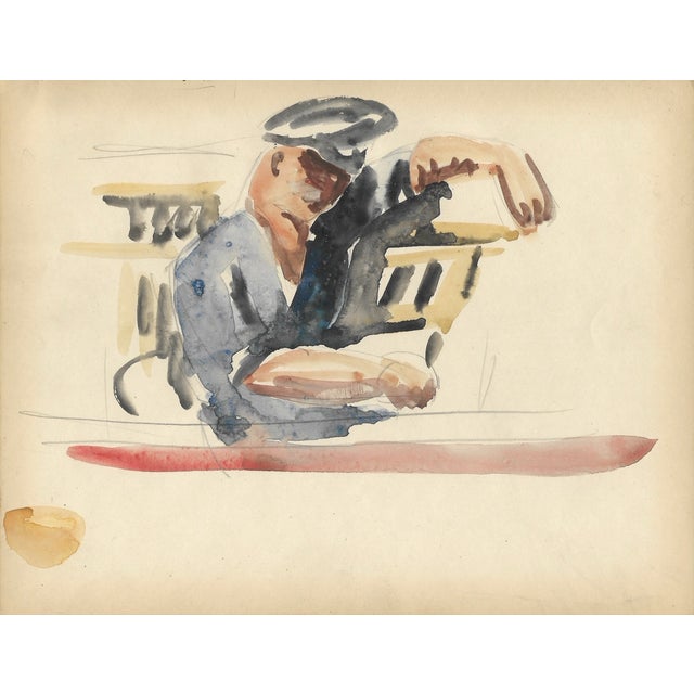 Grace Spongberg (American, 1906-1992) watercolor on paper of a man, possibly seated in a park, estate stamp on reverse....