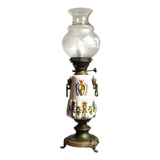 Mid-Century Italian Brass & Ceramic Table Lamp with Frosted Etched Glass Shade, 1950s For Sale