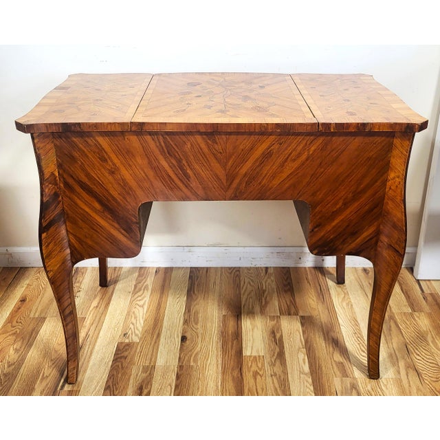 Wood Antique French 19th C Louis XV Inlaid Tulipwood Poudre Vanity Lady Writing Desk For Sale - Image 7 of 18