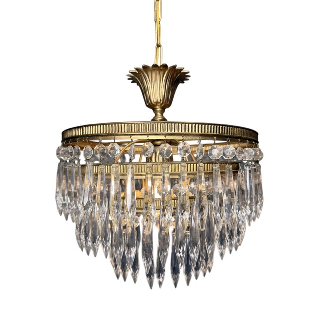 French Crystal and Brass Waterfall Chandelier For Sale
