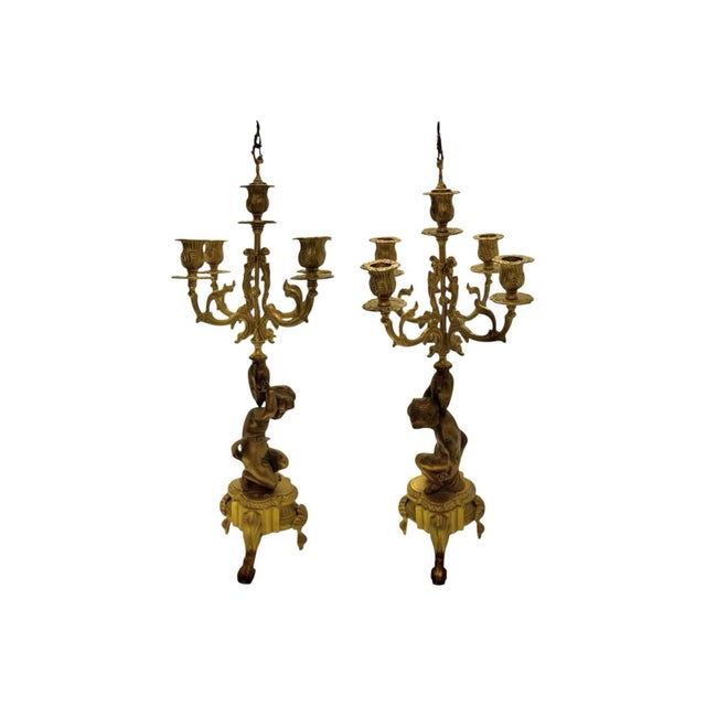 Mid 20th Century Candelabra Pair Brass 4 Arms With Cherub Angel Figures Vintage French Decor For Sale - Image 4 of 9