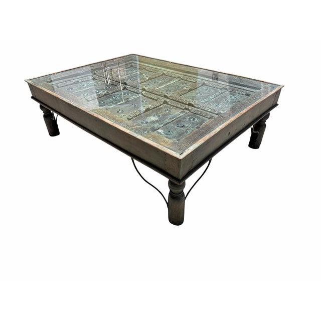 Antique 19th-Century Indian Teak Door & Iron Studded Coffee Table With Glass Top For Sale In West Palm - Image 6 of 10