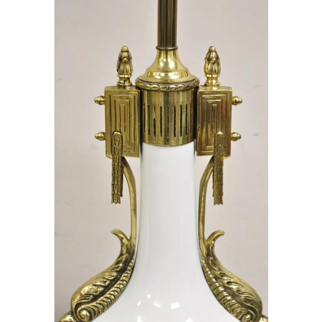 Vintage French Empire Neoclassical White Porcelain Brass Ormolu Table Lamp Pair For Sale - Image 4 of 12