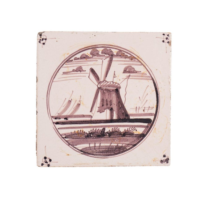 18th Century Set of 5 Mulberry Landscape Delft Faience Tiles, C. 1680-1720 For Sale - Image 5 of 15