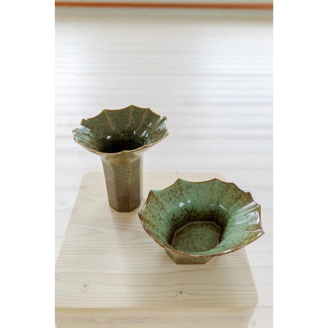 Green Mid-Century Ceramic Stoneware Bowl and Vase from Rörstrand Studio, Sweden, 1960s, Set of 2 For Sale - Image 8 of 14