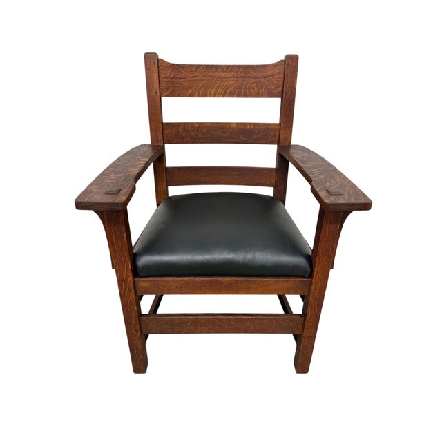 L. & J.G. Stickley, Inc. Antique Arts & Crafts Stickley Style Mission Oak Arm Chair For Sale - Image 4 of 9