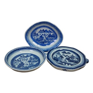 Antique Chinese Export Canton Blue & White Porcelain Serving Dishes Platter - Set of 3 For Sale