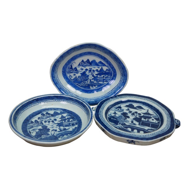 Antique Chinese Export Canton Blue & White Porcelain Serving Dishes Platter - Set of 3 For Sale