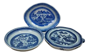 Antique Chinese Export Canton Blue & White Porcelain Serving Dishes Platter - Set of 3