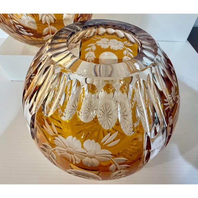 Mid-Century Modern Pair of Vintage Huta Julia Poland Amber Cut-to-Clear Crystal Orb Bowls For Sale - Image 3 of 12