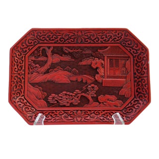 Vintage Chinese Carved Cinnabar Red Plate For Sale