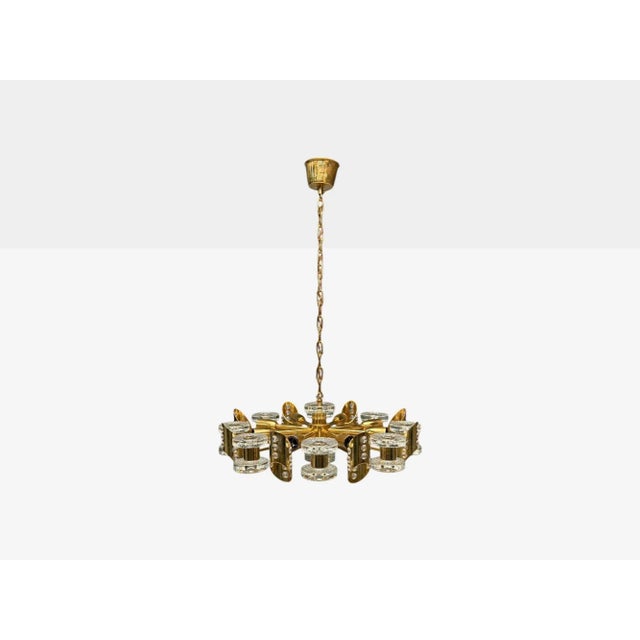 Orrefors Orrefors, Scandinavian Modern, Brass, Glass, Chandelier, Sweden, 1960s For Sale - Image 4 of 10