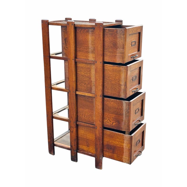 Wood Antique Arts & Crafts Oak Four Drawer External Frame Office File Cabinet For Sale - Image 7 of 10