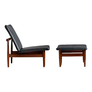 Finn Juhl, Danish Mid-Century Modern, Black Leather, Japan Lounge Chair and Ottoman