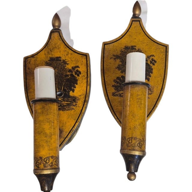 Charming pair of hand painted toleware sconces from Italy circa 1940. Re-wired for US