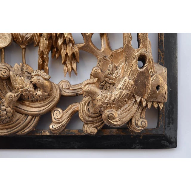 Vintage Chinese Gilded Hand-Carved Wood Relief Panel of Birds and Flowers For Sale - Image 9 of 12