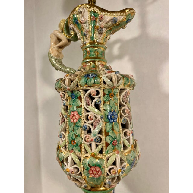 Rare Vintage Capodimonte Italy Hand Painted Art Pottery Pitcher Shape Table Lamp For Sale - Image 4 of 11